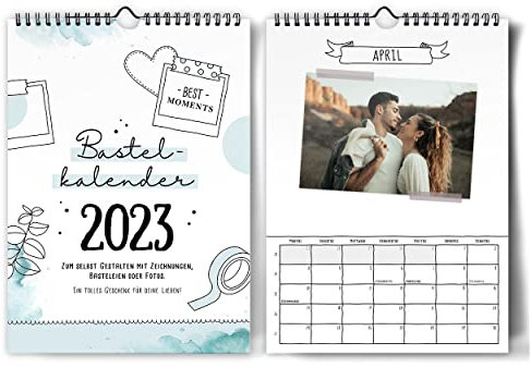 Bastelkalender Din A4 zum selbst gestalten 2023, Wandkalender zum Aufhängen, Jahreskalender mit Monatsübersicht, Fotokalender zum Basteln und Beschriften, tolles Geschenk