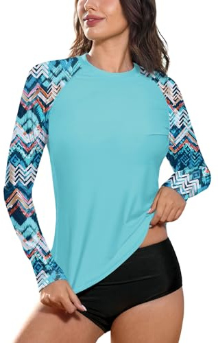 BesserBay Maglietta da donna per il surf con protezione solare UPF 50+, a maniche lunghe, con scollo tondo, Rash Guard, S-XXL, Azzurro, M