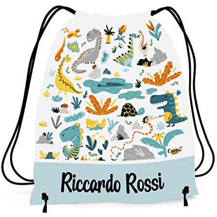 Caribu design Sacca Personalizzata con Nome per Asilo, Scuola Materna/Elementare, Nido, Sport - Zaino Bambino Bambina Tema Animali del Mondo - Idea Regalo (Animali Dinosauri)