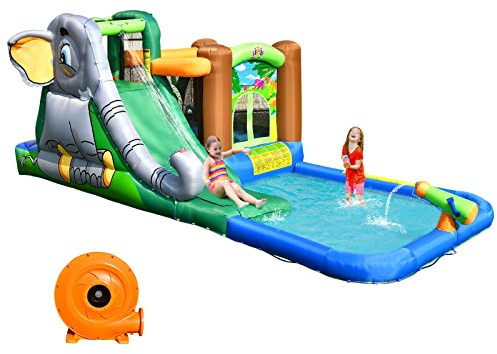 COSTWAY Castello Gonfiabile per Bambini, Con Pistola ad Acqua e Piscina, Area per Saltare, Parete per Arrampicarsi, per 5 Bambini di 3-10 Anni, Con Compressore