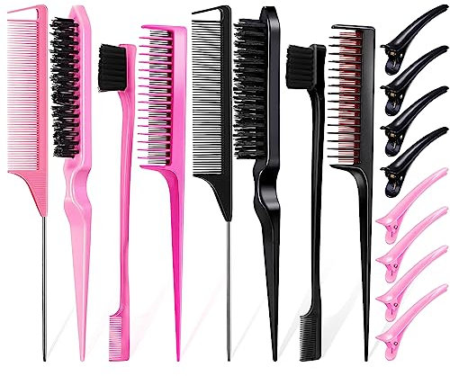 16 Pcs Slick Back Hair Brush Comb Sets, Pink & Black Back Combing Brushes Edge Brush Sets Teasing Brush Hair Brush Styling Comb for Women Girls