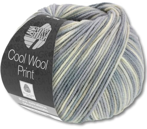 Frida's Wollhaus Lana Grossa 50 g Cool Wool Print Merino Wolle Garn Häkeln Stricken 16 Farben (829 | Rohweiß/Silbergrau/Hellgrau/Grau)