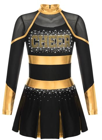 YOOJIA Mädchen Cheerleading Kostüm Langarm Schwarzes Gold 146-152