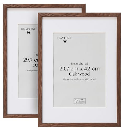 Framelane Set de 2 Marco Madera A3 con Paspartu en Roble Oscuro FSC con Vidrio Acrílico Antirrayas y Antirroturas - Marco para Montaje Vertical u Horizontal Elegante