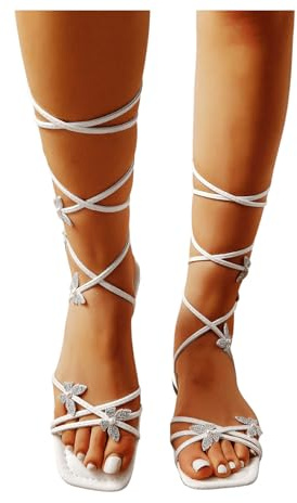 GORGLITTER Women's Sparkly Butterfly Lace Up Flat Sandals Criss Cross Strappy Tie Up Slide Sandals White 8.5