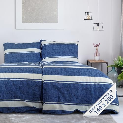 Andrea Simone Bettwäsche 140x200-100% Baumwolle RENFORCE Gold Exklusiv - Blaue Linie | Kissenbezug 70x90, Bettbezug, Bettwäsche-Set, Herbst, Allergiker Set, Premium Duvet Cover, Österreich