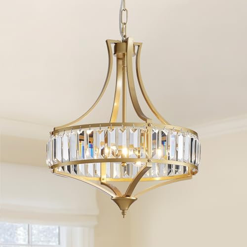 Majhoiw 4-Licht Kristall Kronleuchter, Moderner Landhausstil, Rustikaler Rundmetalllampenschirm, Ideal Für Esszimmer, Flur, Schlafzimmer, Foyer, Bürstenfranzösisch Gold