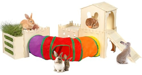 Extra Large Wooden Rabbit Hideout with Tunnels and Hay Feeder - Multistory Bunny Castle with Stairs, Climbing Tower and Sturdy Habitat for Indoor Bunnies, Guinea Pigs, Chinchillas Small Animal