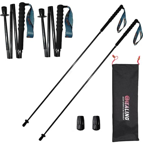 OKHEALING Ultralätta vandringsstavar, vikbara, set med 2, ultralätt kolfiber, vandringsstavar med fukttransporterande handtag, med förvaringsväska