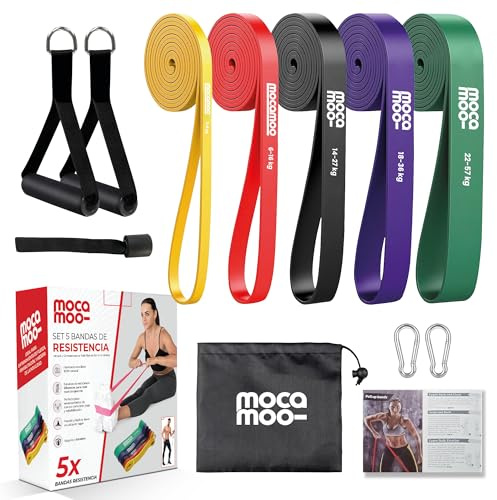 MOCAMOO. Bandas de Resistencia Musculación – Set 5 Bandas Elásticas Fitness para Piernas, Glúteos, Brazos, Abdomen. Ejercicios en Casa y Gimnasio con Accesorios