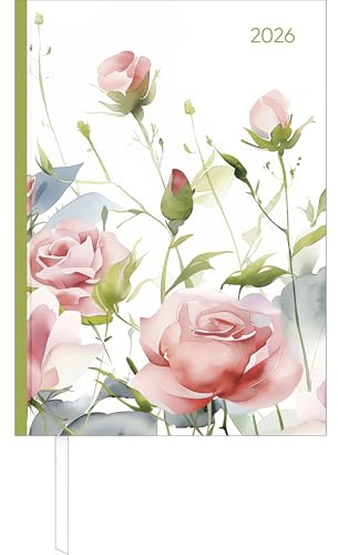 Alpha Edition - Buchkalender Style Roses A5 2026 – Büro- & Cheftimer A5 (ca. 15×21 cm) 1 Tag/Seite mit robustem Hardcover, Zeiteinteilung & vielen Zusatzinfos – elegantes Rosenmotiv
