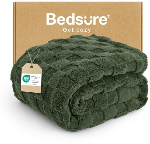 Bedsure Fleece Throw Blanket for Sofa - Soft Cosy Checkered Blankets for Women and Girls, Fluffy Warm Single Throw for Bed, Olive Green, 127x152 cm