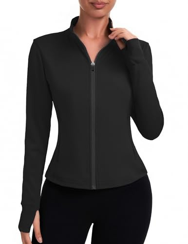 PINSPARK Veste de course sport courte pour femme veste d'entraînement à manches longues vestes de yoga shirt de survêtement de fitness poches zippées avec trous pour les pouces