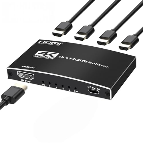 HDMI-splitter 1-i-4-utgång, 4K @60Hz HDCP2.2 HDR 10+ 3D UHD Dolby Vision Atmos Scaler 4K 1080P fyra bildskärmar HDMI 2.0 Splitter 1-i-4 ut för PS5, SkyQ, Fire Stick, BluRay, projektor
