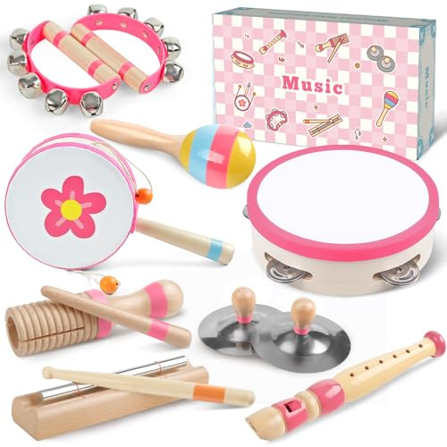 Gioco Musicale Bambina 1 Anno, Set Strumenti Musicali in Legno 8 in 1 per Bambini, Gioco Montessori con Tamburo, Tamburello, Flauto, Maracas e Campanelle, Regalo 1-3 Anni