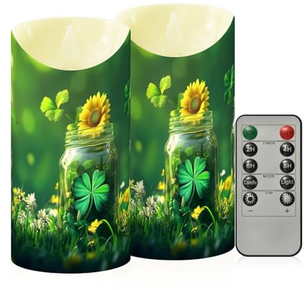 ALAZA Irish Jars St Patrick's Day Flameless Candles with Remote Timer,LED Flickering Battery Operated Electric Pillar Tea Light Candles for Wedding Table Christ Patrick's Daymas Decorations 3 x5.9