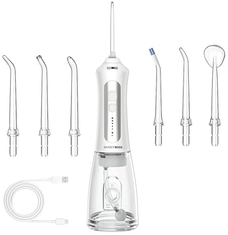 BarberBoss Idropulsore ricaricabile per denti e gengive, irrigatore orale senza fili con 5 modalità di pulizia, 5 punte a getto, serbatoio da 300 ml, impermeabile IPX7, filo interdentale elettrico