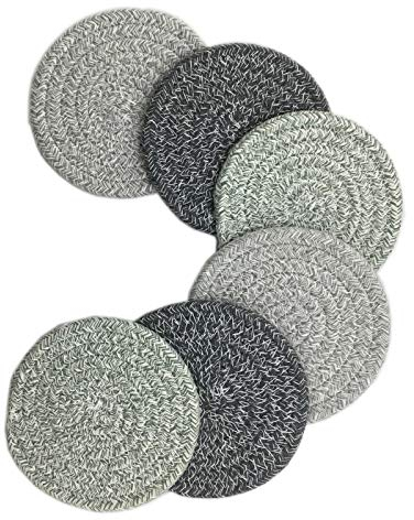 Lot de 6 Dessous de Verre Coton Absorbants Tressés Tasses Mug Bouteille sous Verres Ensemble Boissons Antidérapant Réutilisable Lavable Table Bar Restaurant Bureau Moderne Coloré Rond (3colors)