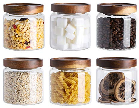 Kanwone Glass Storage Jars Set of 6, 17 Ounce Airtight Food Storage Containers with Bamboo lids, Clear Glass Canisters for Pantry, kitchen, Flour, Sugar, Tea, Coffee, Snack, Spice and Herbs