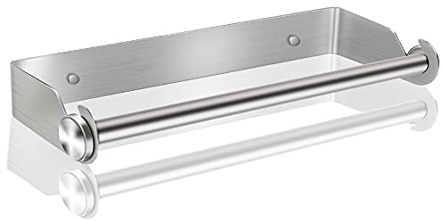 DDS-DUDES Self Adhesive Paper Towel Holder, Under Cabinet Wall Mounted, No Drilling Cupboard Roll Holder, Stainless Steel Paper Rack for Home Kitchen Bathroom (Silver)