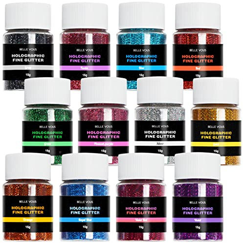 Belle Vous 12 Stk Feines Glitzerpulver Basteln Set - 15g X 12 Farben Bastel Glitzer zum Werken, Epoxidharz, Harz Pigmente, Hochzeit, Deko, Nägel/Körper/Gesicht, DIY Slime