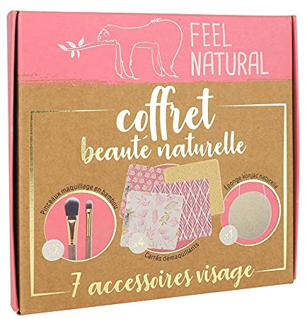 Feel Natural - Coffret Beauté Naturelle - 7 Accessoires pour Soin Visage : 1 Eponge Konjac Naturel, 2 Pinceaux Maquillage en Bambou et 4 Carrés Démaquillants - Idée Cadeau Femme
