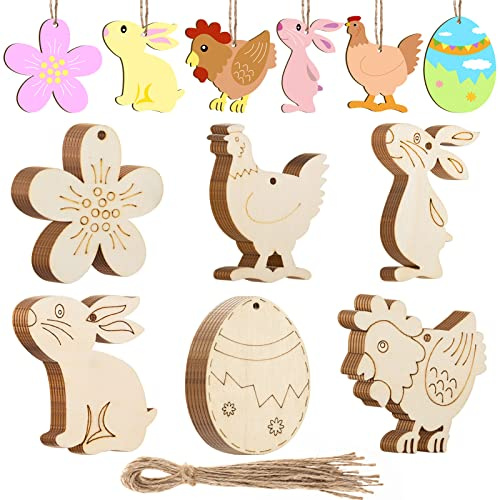 MELLIEX Ornamenti Pasquali in Legno, 36 Pezzi Decorazioni Pasqua Pendente in Legno Non Finiti, Artigianato Fai da Te per Bambini Decorazioni Pasqua