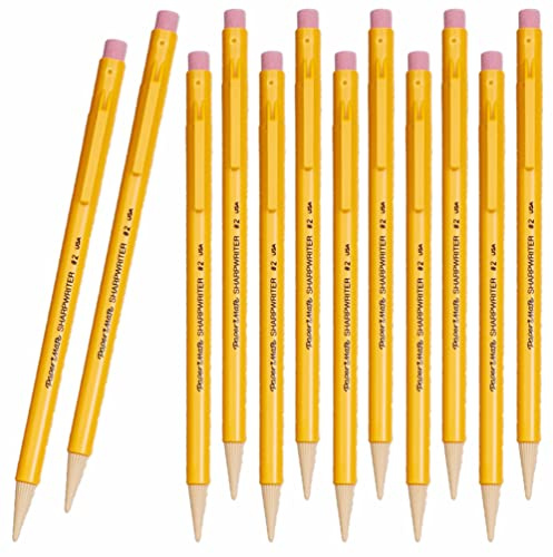 12 x AaperMate Sharpwriter mekaniska pennor med suddgummi och vridbar stötabsorberande spets för låg blybrott, HB 0,7 mm bly, gult fat (Lås i vanlig förpackning)