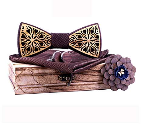 HZQIFEI Ensemble Noeud Papillon en Bois 4 Pièces - Boutons de Manchette, Carré de Poche, Broche - Pour Mariage, Soirée, Business (Style#23)