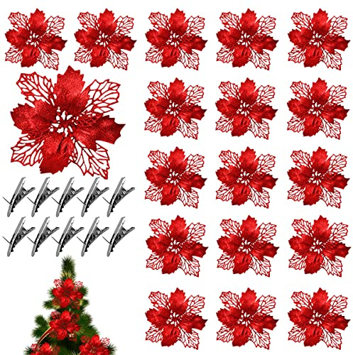 ZDQC 20 Pezzi Stelle di Natale Artificiali,Stelle Natale Fiori,Fiori di Natale Artificiali,Fiori per Albero di Natale,Fiori Decorativi di Natale,Addobbi Albero di Natale Fiori(Rosso)