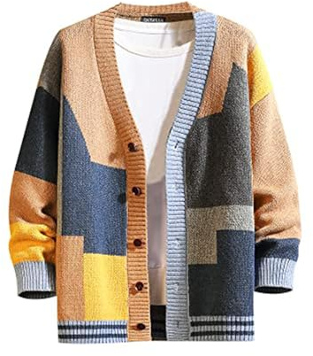GURUNVANI Cardigan Sweater pour Hommes Pulls à Manches Longues en Tricot avec Boutons | Design tricoté patchwork, coupe unisexe décontractée, pull texturé épais, fermeture à boutons sur le devant