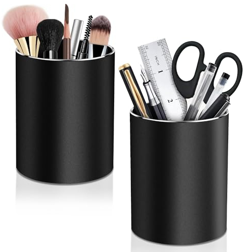 SOMLAW Metall Runder Stiftehalter Schreibtisch, Stifteköcher, Schwarz 2er Set Metal Round Stiftebox Füllfederhalter Pinselhalter Organizer Aufbewahrungsbox für Büro, Schule, und Haushalt, 8x10 cm