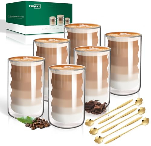twoant Tazas de Café de Cristal, 6 x 400ml Vasos de Doble Pared Transparente, Tazas de Vidrio Borosilicato con 6 Cucharillas, Taza de Cristal para Cafe Leche Té Latte Macchiato Espresso