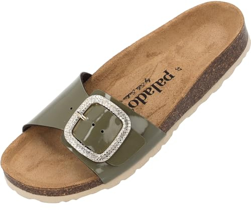 Palado Pantoletten Damen Malta BX by Sila Sahin – gefertigt in Spanien – edle Veloursleder-Decksohle – Glitzerschnalle im Boxy-Design – Lack- oder Metallic-Optik – EVA-Sohle Khaki Lack UK6 - EU39