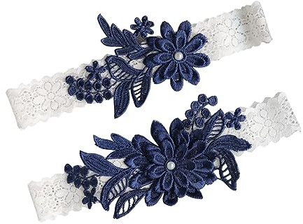 DEARMAMY Ligas de Encaje Azul Marino Elásticas y Ajustables para Novia Diseño Floral Accesorio Clásico para Boda y Fiesta