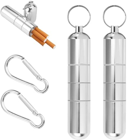 Lot de 2 mini étuis à cigarettes en aluminium, boîte à cigarettes 12,5 × 2,5 cm avec 2 porte-clés, cigarettes rondes portables et étanches pour hommes femmes pour voyage randonnée camping