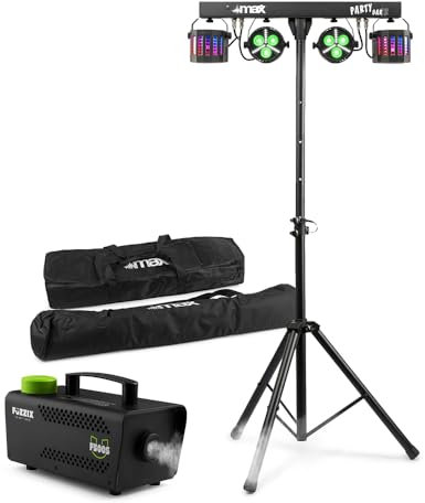 Max Partybar12 DJ Disco Light Package with F500S Fog Machine & Tripod Stand â€“ Complete Partybar Set with Derby Lights, PAR Cans, Strobe, DMX Control, dj light bar â€“ Ideal for DJs, Parties & Events