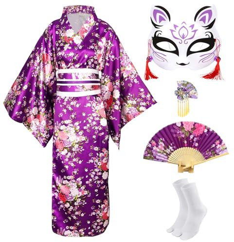 CRFASIBE 5 Pièces Kimono Japonais Femme, Motif Floral Kimono Robe, Japonais Peignoir Yukata Geisha, Déguisement Cosplay Costume Set avec Accessoires (Violet)
