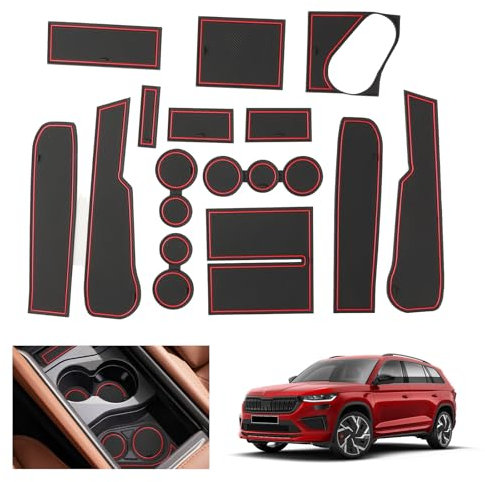 GAFAT Kompatibel mit Neu Skoda Kodiaq ii 2024 2025 2026 Antirutschmatten, 2024 Kodiaq 2 RS/Sportline Gummimatten rutschfest Non-Slip Kodiaq 2025 für Mittelkonsole, Becherhalter,Türnaht (Rot)