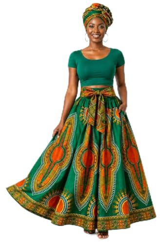 Women Dashiki Skirt with Headwrap Clothing, Kaftans Hippy Hippie Boho, African Print Dresses Clothes Maxi, African Clothes Maxi, One Size Green Orange Orange