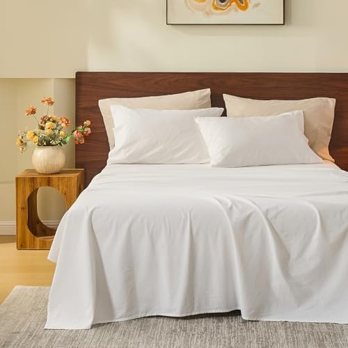 MEISHANG 100% French Pure Linen Sheets King Size - Bed Sheets 4 Piece Sets, Soft Durable Flax Linen, Anti-Tear Breathable Oeko-Tex Certified with 16 Deep Pocket (White)