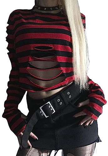 SANSIWU Women's Gothic Distressed Crop Tops Vintage Long Sleeve Striped T-Shirts (Red, XL)