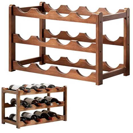 ORARTMM Botellero de madera de tres niveles, estante para botellas apilable para 12 botellas, superficie oscura, adecuado para armarios de vino, cocinas, bodegas y para guardar botellas de cristal.
