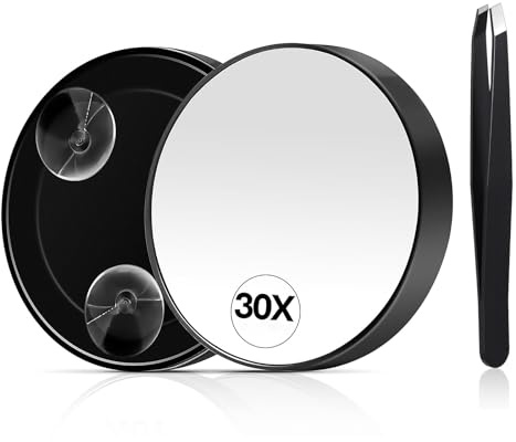 YSAOAKA 30X Petit Miroir grossissant avec Ventouse et Pince à épiler, Noir Miroir grossissant Ventouse, Ensemble de miroirs compacts pour épiler Les Sourcils 3,5 in