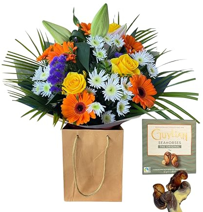 Bright Reverie – Fresh Yellow Roses, Orange Gerberas, White Chrysanthemums - Purple Statice – Colourful Flower Arrangement for Gifting, Weddings, Celebrations Birthday (Chocolate)