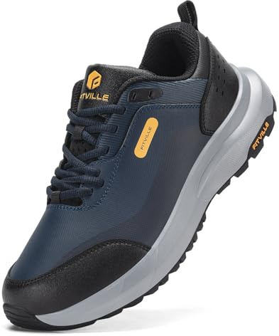 FitVille Wide Waterproof Shoes for Men, Non Slip Outdoor Walking Shoes Low-top Work Shoes Soft Toe with Arch Support for Heel Pain Relief,Long Hikes,Trekking,Trails Navy Blue/Black