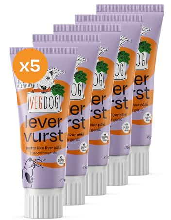 VEGDOG Levervurst Snack vegetabilisk, allergivänlig, för valpar, 5 x 75 g | hjärtligt slickemellanmål med rökt paprikapulver, lämplig för allergiker, utvecklad med veterinär: inomhus