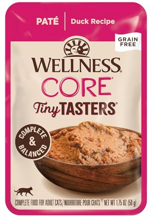 Wellness CORE Tiny Tasters Pate Adult Wet Cat Food, Natural, Protein-Rich, Grain Free, 1.75-Ounce Pouch, 12 Pack, (Duck)
