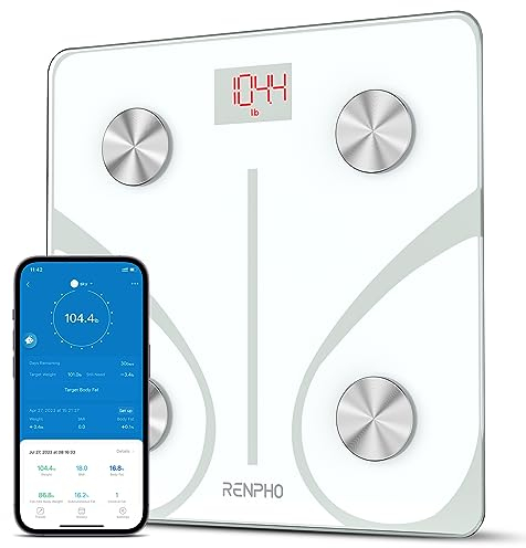 RENPHO Körperfettwaage Bluetooth Digital Personenwaagen Körperanalysewaage mit App Smart Waage für Körperfett, BMI, Muskelmasse, Protein, BMR, Weiß