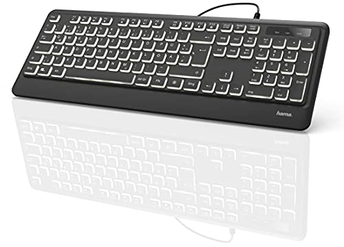 Hama USB Tastatur beleuchtet mit Kabel KC-550 (laserbeschriftet, deutsches Tastenlayout QWERTZ, 12 Media-Tasten, ergonomische Tastatur für PC und Laptop, flach, extra langes Kabel 180 cm) schwarz